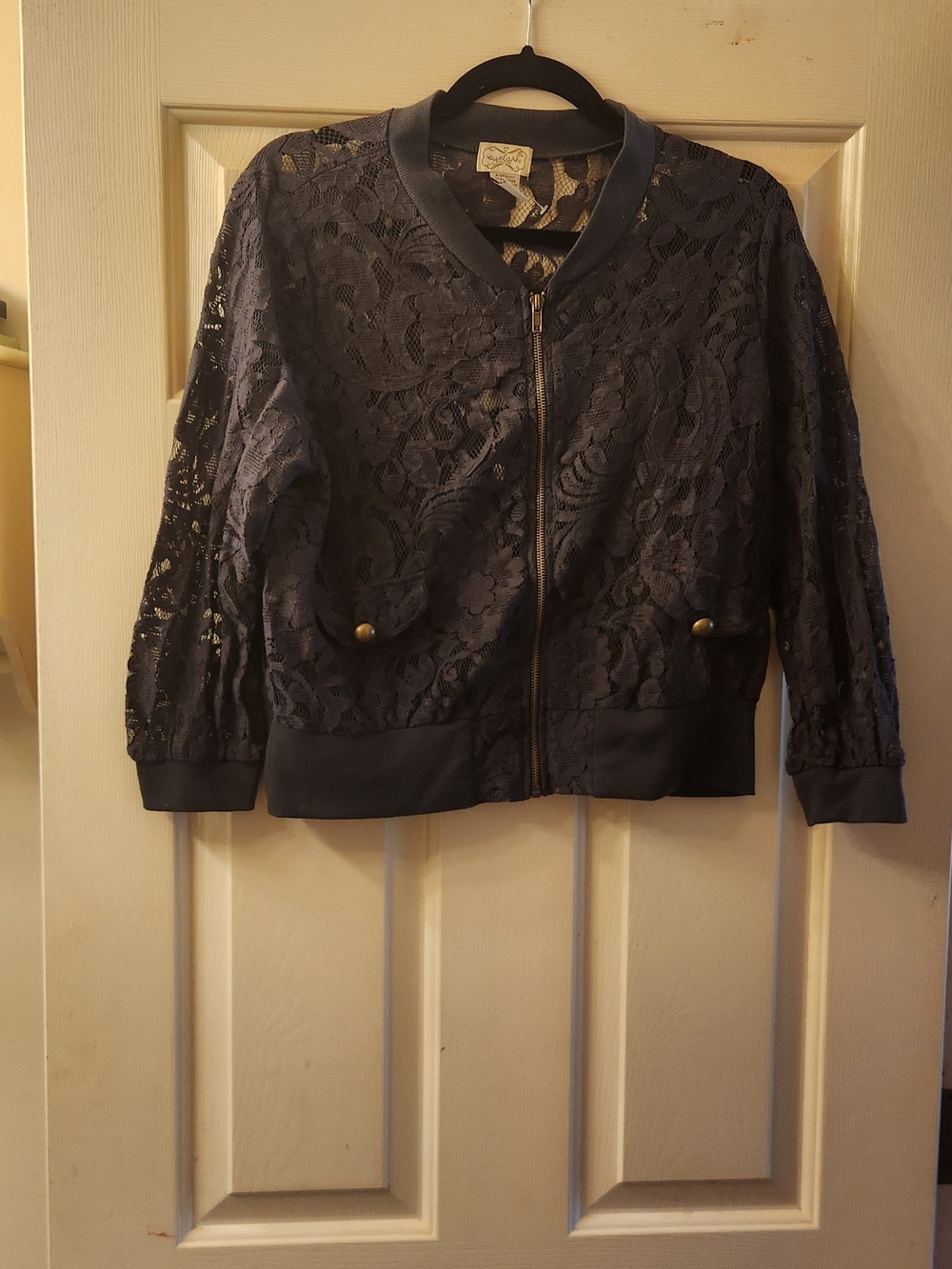 eyelash couture Charcoal gray Lace Bomber Jacket with Gold Buttons
